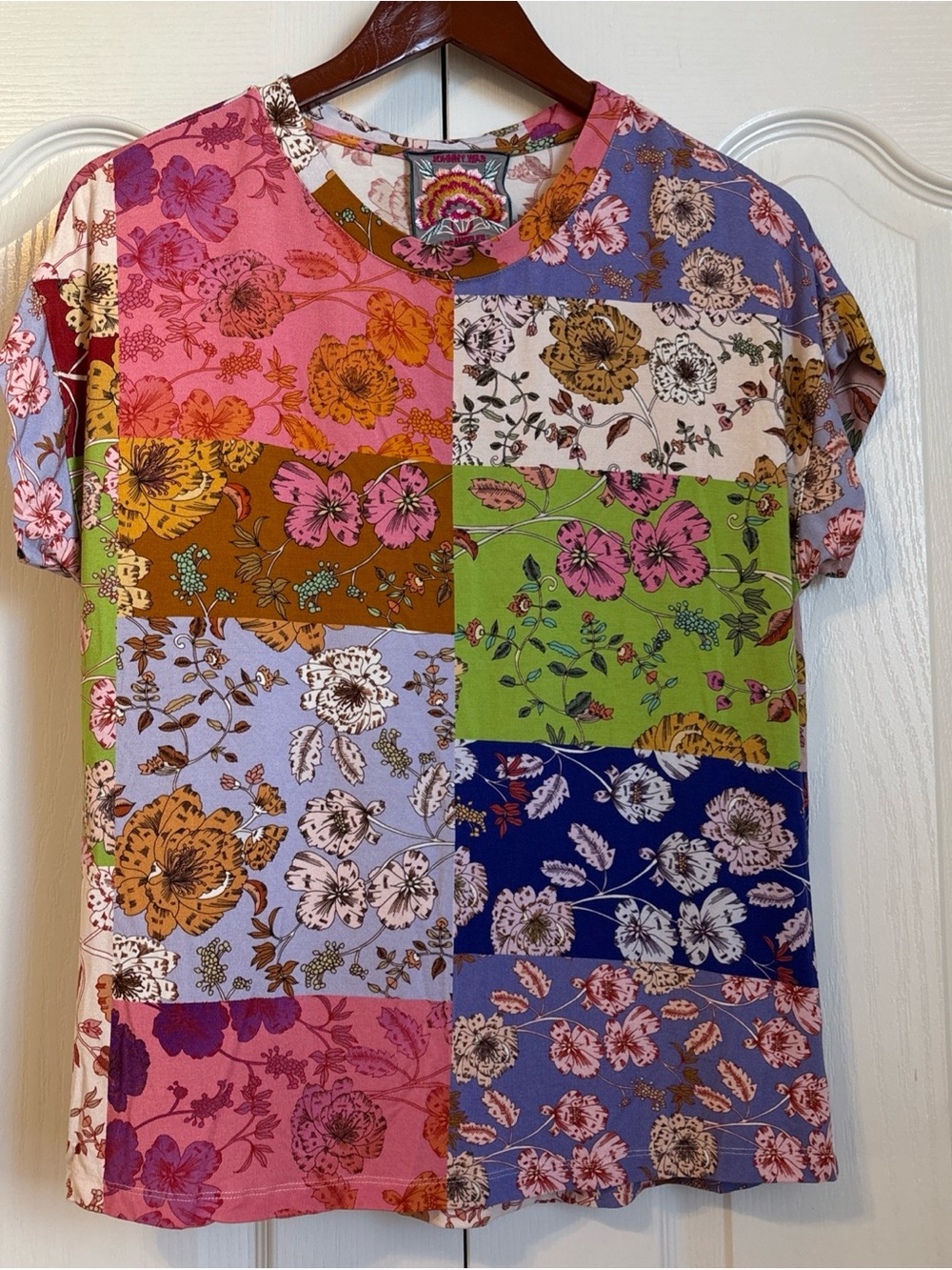 Johnny Was Patchwork Floral Tee in Pink, Orange, Purple